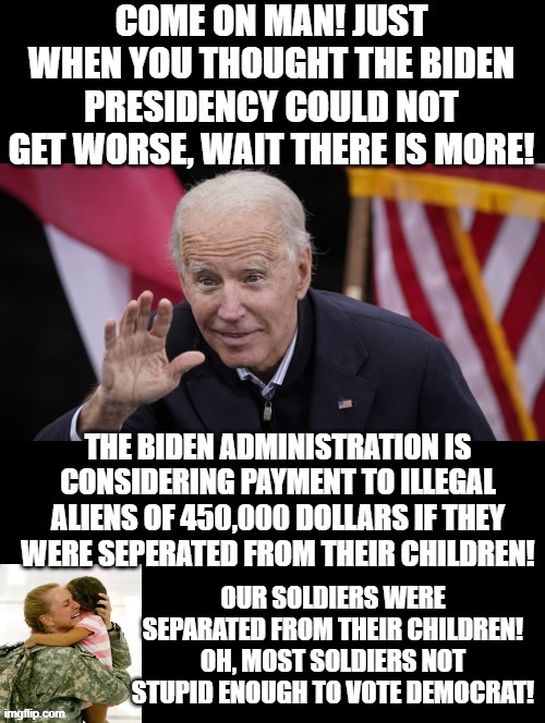 Just when you thought Democrats could not get any lower! Wait there is more! | OUR SOLDIERS WERE SEPARATED FROM THEIR CHILDREN! OH, MOST SOLDIERS NOT STUPID ENOUGH TO VOTE DEMOCRAT! | image tagged in fools,morons,idiots,biden,stupid liberals | made w/ Imgflip meme maker