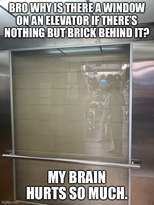 Smh |  BRO WHY IS THERE A WINDOW ON AN ELEVATOR IF THERE’S NOTHING BUT BRICK BEHIND IT? MY BRAIN HURTS SO MUCH. | image tagged in stupid,stupid design,elevator | made w/ Imgflip meme maker
