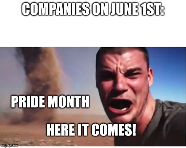 here it comes! | COMPANIES ON JUNE 1ST:; PRIDE MONTH; HERE IT COMES! | image tagged in here it come meme | made w/ Imgflip meme maker