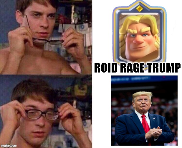 he smashs he bashes. but most of all he dashs to victory with tweets. memes and facts . | ROID RAGE TRUMP | image tagged in spider-man glasses | made w/ Imgflip meme maker