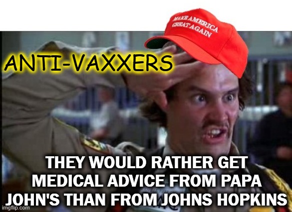 This could've been all behind us | ANTI-VAXXERS; THEY WOULD RATHER GET MEDICAL ADVICE FROM PAPA JOHN'S THAN FROM JOHNS HOPKINS | image tagged in anti-vaxx,trumpets,iq | made w/ Imgflip meme maker