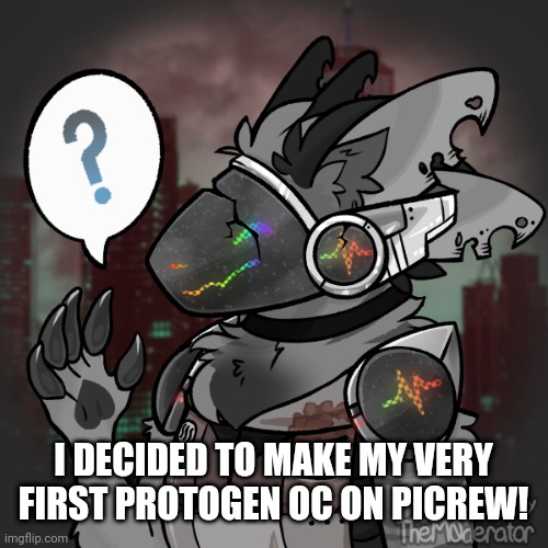 This is Rusty! (Backstory in the comments!) | I DECIDED TO MAKE MY VERY FIRST PROTOGEN OC ON PICREW! | image tagged in protogen,oc,picrew | made w/ Imgflip meme maker