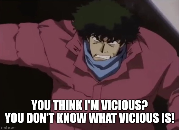 YOU THINK I'M VICIOUS? YOU DON'T KNOW WHAT VICIOUS IS! | image tagged in cowboy bebop | made w/ Imgflip meme maker
