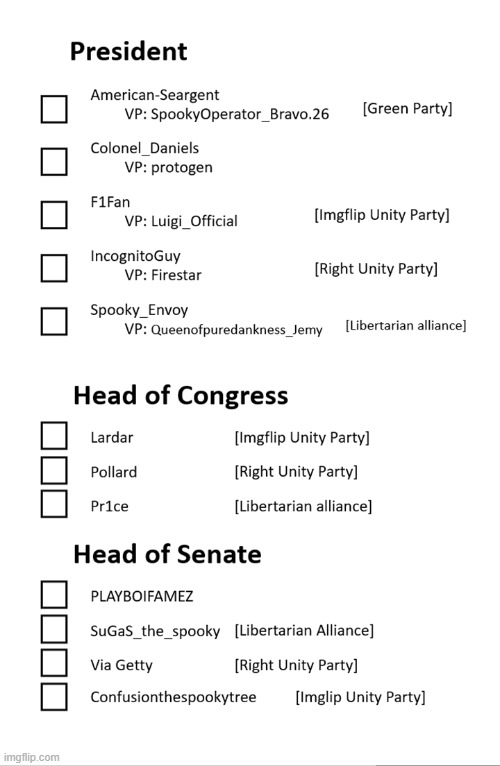 This is the official ballot. Mark 1 for each section, post to https://imgflip.com/m/Imglfip_Voting | made w/ Imgflip meme maker