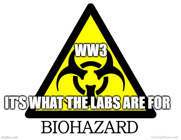 biohazard | WW3; IT'S WHAT THE LABS ARE FOR | image tagged in biohazard | made w/ Imgflip meme maker