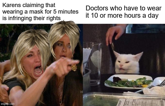 Karens being Karens | Karens claiming that wearing a mask for 5 minutes is infringing their rights; Doctors who have to wear it 10 or more hours a day | image tagged in memes,woman yelling at cat,karen,karens | made w/ Imgflip meme maker