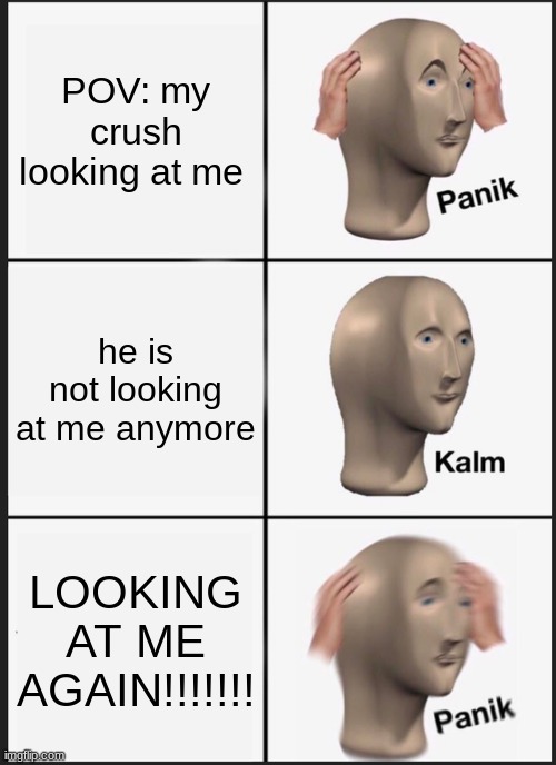 Panik Kalm Panik Meme | POV: my crush looking at me; he is not looking at me anymore; LOOKING AT ME AGAIN!!!!!!! | image tagged in memes,panik kalm panik | made w/ Imgflip meme maker