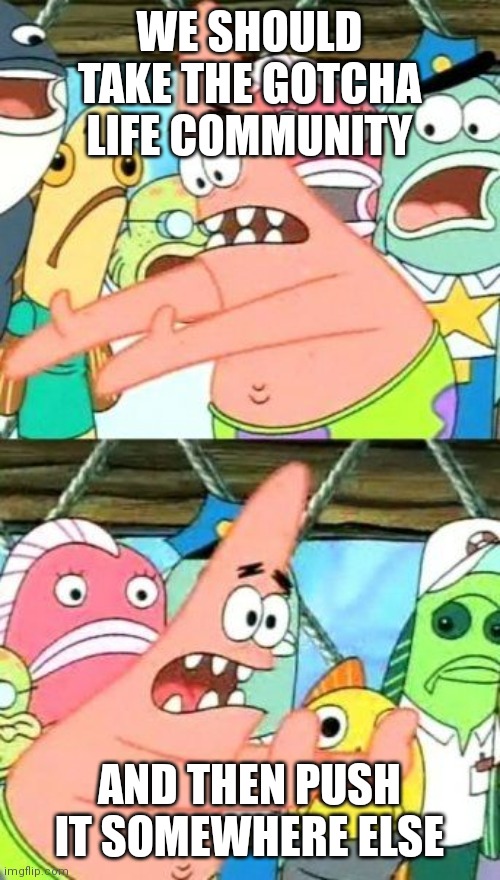 How does Patrick fix the gacha life community | WE SHOULD TAKE THE GOTCHA LIFE COMMUNITY; AND THEN PUSH IT SOMEWHERE ELSE | image tagged in memes,put it somewhere else patrick | made w/ Imgflip meme maker
