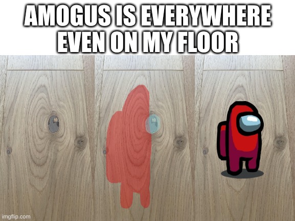 AMOGUS IS EVERYWHERE | AMOGUS IS EVERYWHERE EVEN ON MY FLOOR | image tagged in blank white template | made w/ Imgflip meme maker