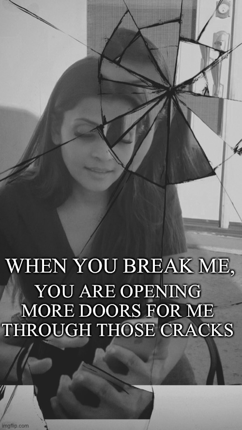 Break Me |  YOU ARE OPENING MORE DOORS FOR ME THROUGH THOSE CRACKS; WHEN YOU BREAK ME, | image tagged in open the gate a little | made w/ Imgflip meme maker