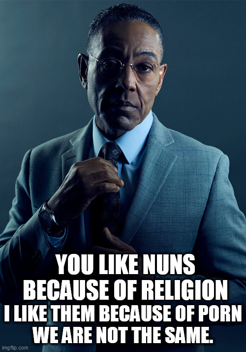 Guess who's back, back again | YOU LIKE NUNS BECAUSE OF RELIGION; I LIKE THEM BECAUSE OF PORN
WE ARE NOT THE SAME. | image tagged in gus fring we are not the same,nun | made w/ Imgflip meme maker
