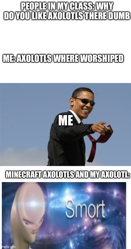 Axolotls are Cool | PEOPLE IN MY CLASS: WHY DO YOU LIKE AXOLOTLS THERE DUMB; ME: AXOLOTLS WHERE WORSHIPED; ME; MINECRAFT AXOLOTLS AND MY AXOLOTL: | image tagged in memes,cool obama,axolotl | made w/ Imgflip meme maker