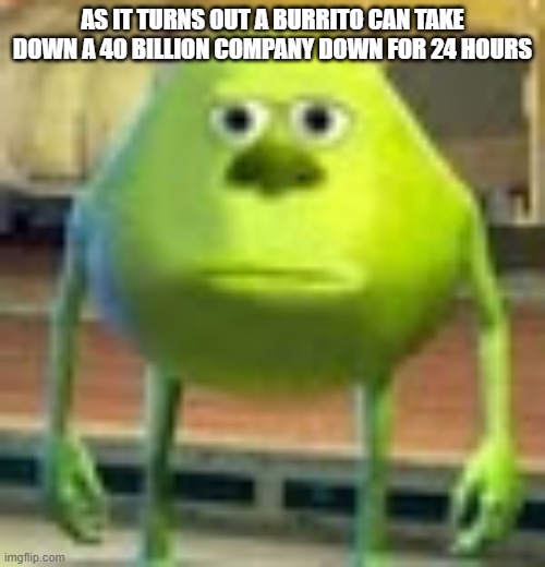 bruh moment |  AS IT TURNS OUT A BURRITO CAN TAKE DOWN A 40 BILLION COMPANY DOWN FOR 24 HOURS | image tagged in sully wazowski,roblox | made w/ Imgflip meme maker