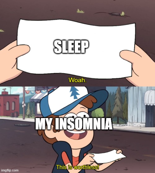 why? I'm not the only one right? RIGHT? | SLEEP; MY INSOMNIA | image tagged in this is worthless,sleeping | made w/ Imgflip meme maker