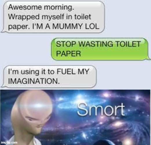 fueling your imagination with toilet paper | image tagged in meme man smort,memes,funny,text,toilet paper,stop reading the tags | made w/ Imgflip meme maker