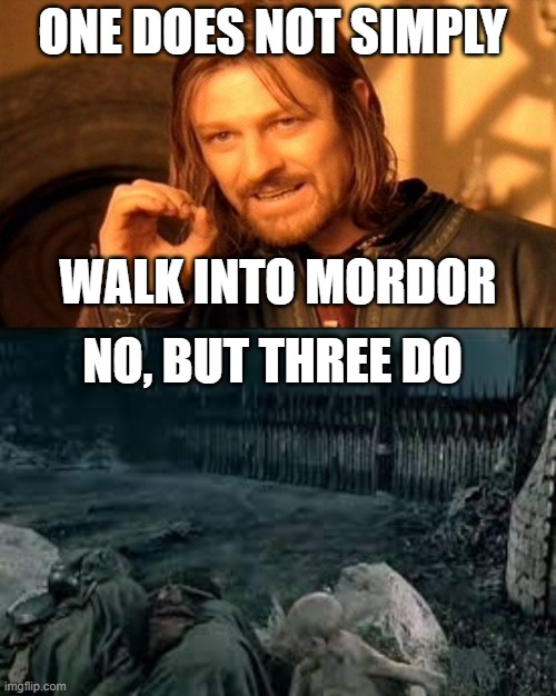 Three simply walk into Mordor | ONE DOES NOT SIMPLY; WALK INTO MORDOR; NO, BUT THREE DO | image tagged in memes,one does not simply | made w/ Imgflip meme maker