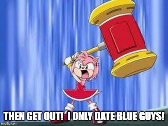 Angry Amy Rose | THEN GET OUT!  I ONLY DATE BLUE GUYS! | image tagged in angry amy rose | made w/ Imgflip meme maker