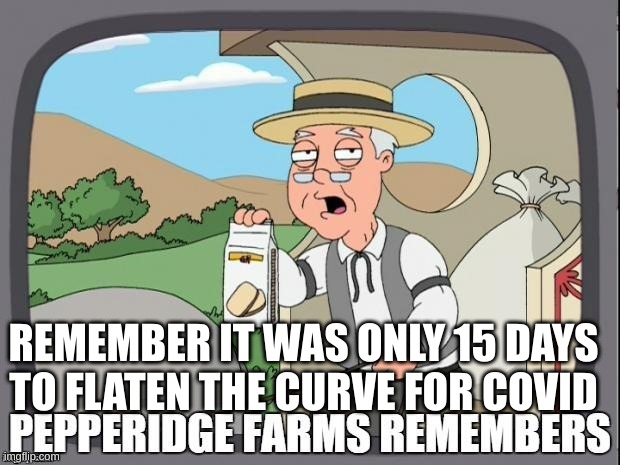 Yeah 15 days turned into almost 2 years | REMEMBER IT WAS ONLY 15 DAYS TO FLATEN THE CURVE FOR COVID | image tagged in pepperidge farms remembers,2020,covid,political meme | made w/ Imgflip meme maker