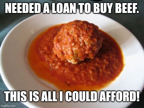Meatball | NEEDED A LOAN TO BUY BEEF. THIS IS ALL I COULD AFFORD! | image tagged in meatball | made w/ Imgflip meme maker