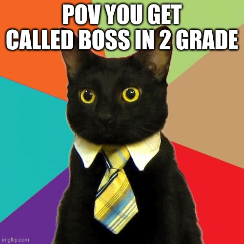 Business Cat |  POV YOU GET CALLED BOSS IN 2 GRADE | image tagged in memes,business cat | made w/ Imgflip meme maker