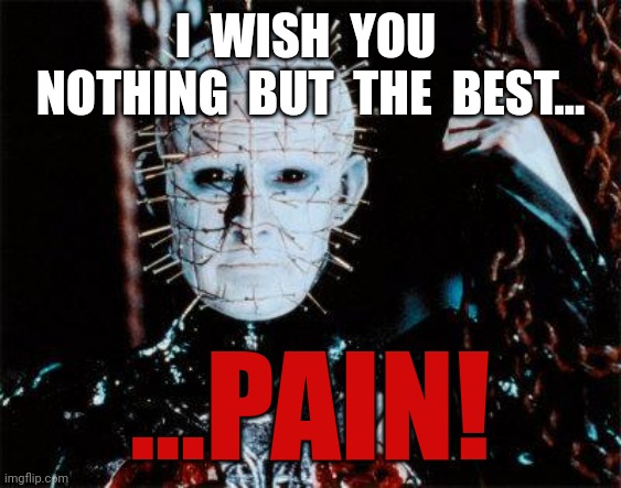 For that special someone | I  WISH  YOU  NOTHING  BUT  THE  BEST... ...PAIN! | image tagged in pinhead,ex girlfriend,best,pain | made w/ Imgflip meme maker