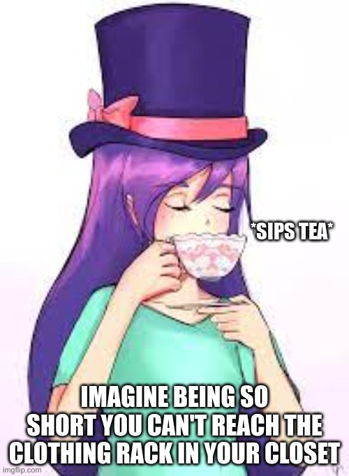 *sips tea* | IMAGINE BEING SO SHORT YOU CAN'T REACH THE CLOTHING RACK IN YOUR CLOSET | image tagged in sips tea | made w/ Imgflip meme maker