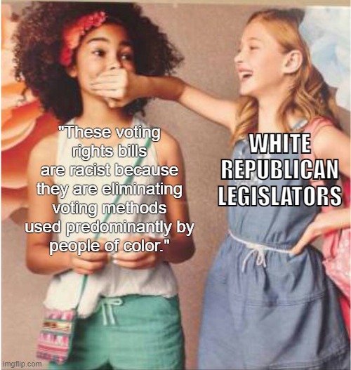 FACT: A Republican said colleagues before debating one bill in state legislature could not use the word "racist". | WHITE REPUBLICAN LEGISLATORS; "These voting rights bills are racist because they are eliminating voting methods used predominantly by
people of color." | image tagged in girl covering other girl's mouth,conservative logic,racism,voter suppression,republicans,conservatives | made w/ Imgflip meme maker
