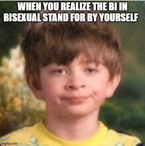 bi- | WHEN YOU REALIZE THE BI IN BISEXUAL STAND FOR BY YOURSELF | image tagged in funny memes | made w/ Imgflip meme maker