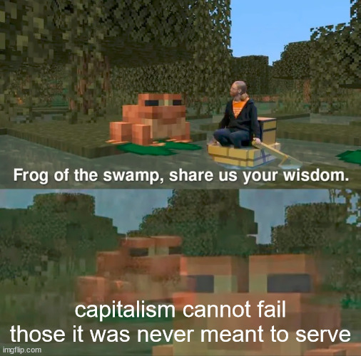 Capitalism is a tool of the bourgeoisie to oppress the working classes.   Don't be a rube |  capitalism cannot fail those it was never meant to serve | image tagged in frog of the swamp share us your wisdom | made w/ Imgflip meme maker