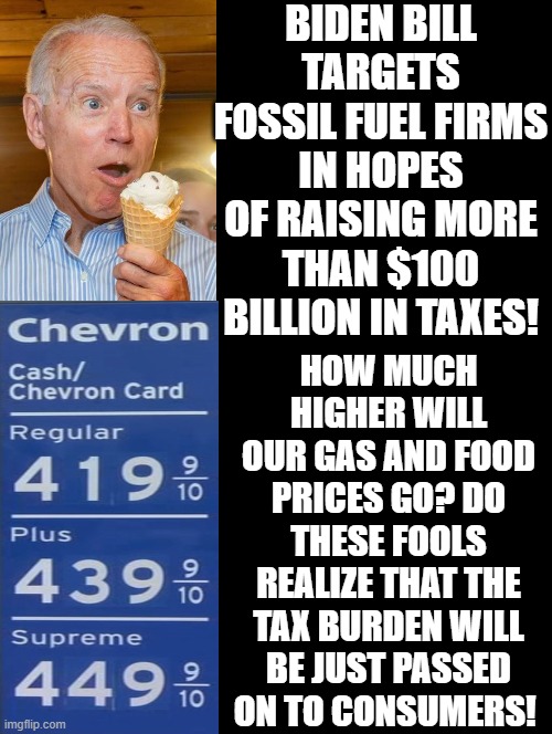 Democrat and the people that vote for them are fools!! | BIDEN BILL TARGETS FOSSIL FUEL FIRMS IN HOPES OF RAISING MORE THAN $100 BILLION IN TAXES! HOW MUCH HIGHER WILL OUR GAS AND FOOD PRICES GO? DO THESE FOOLS REALIZE THAT THE TAX BURDEN WILL BE JUST PASSED ON TO CONSUMERS! | image tagged in fools,morons,idiots,biden,stupid liberals | made w/ Imgflip meme maker