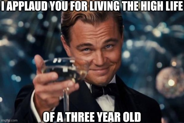 Leonardo Dicaprio Cheers Meme | I APPLAUD YOU FOR LIVING THE HIGH LIFE OF A THREE YEAR OLD | image tagged in memes,leonardo dicaprio cheers | made w/ Imgflip meme maker