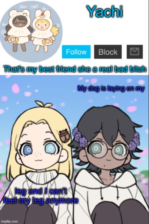 Yachi's yachi and cinna temp | My dog is laying on my; leg and I can't feel my leg anymore | image tagged in yachi's yachi and cinna temp | made w/ Imgflip meme maker