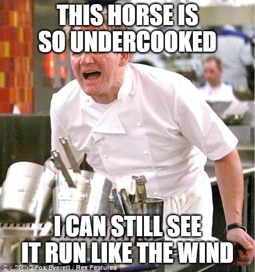 Chef Gordon Ramsay Meme | THIS HORSE IS SO UNDERCOOKED; I CAN STILL SEE IT RUN LIKE THE WIND | image tagged in memes,chef gordon ramsay | made w/ Imgflip meme maker