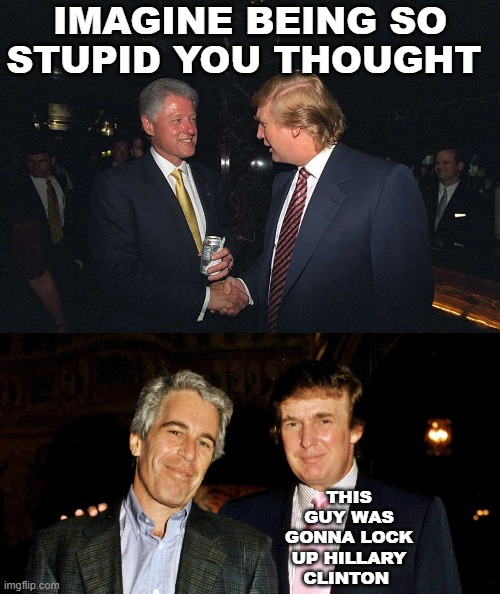 nazi pedos to the right | IMAGINE BEING SO STUPID YOU THOUGHT; THIS GUY WAS GONNA LOCK UP HILLARY CLINTON | image tagged in donald trump,bill clinton,jeffrey epstein,hillary clinton | made w/ Imgflip meme maker