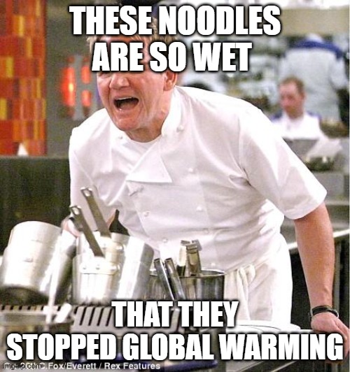 Chef Gordon Ramsay | THESE NOODLES ARE SO WET; THAT THEY STOPPED GLOBAL WARMING | image tagged in memes,chef gordon ramsay | made w/ Imgflip meme maker