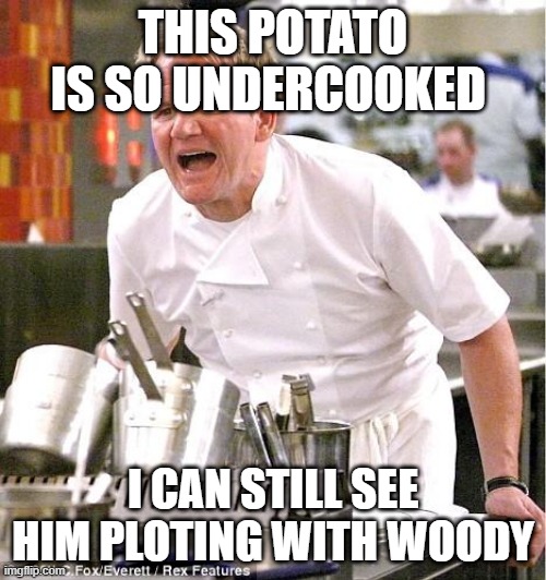 Chef Gordon Ramsay Meme | THIS POTATO IS SO UNDERCOOKED; I CAN STILL SEE HIM PLOTING WITH WOODY | image tagged in memes,chef gordon ramsay | made w/ Imgflip meme maker