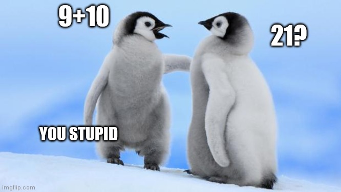 9+10 penguin | 21? 9+10; YOU STUPID | image tagged in penguin love | made w/ Imgflip meme maker