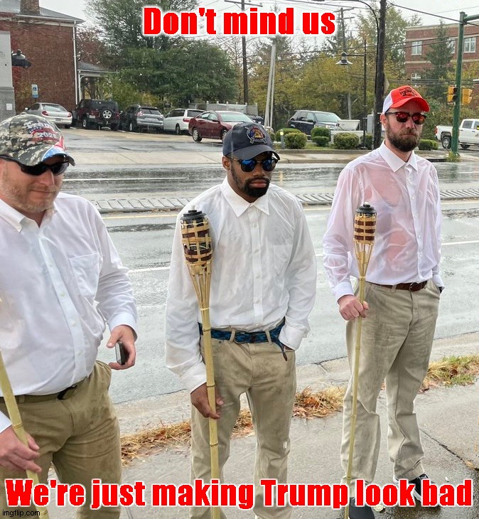 Morons | Don't mind us; We're just making Trump look bad | image tagged in memes,trump supporters,tiki torch,charlottesville,proud boys | made w/ Imgflip meme maker