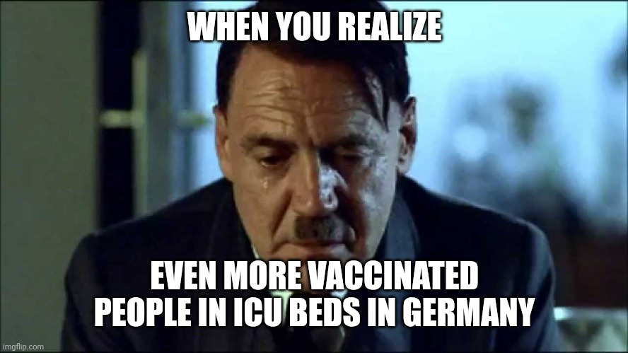 :'( | WHEN YOU REALIZE; EVEN MORE VACCINATED PEOPLE IN ICU BEDS IN GERMANY | image tagged in sad hitler,coronavirus,covid-19,germany | made w/ Imgflip meme maker