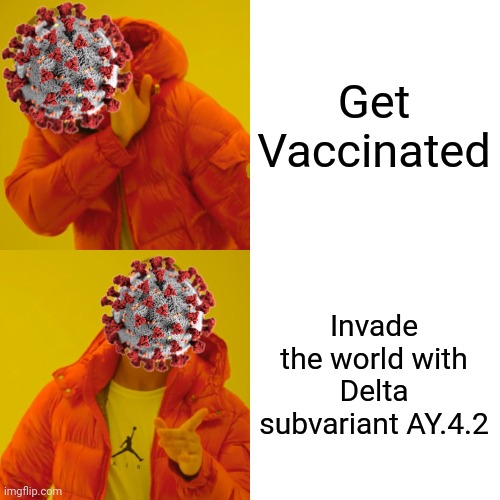 Oh sh!t... | Get Vaccinated; Invade the world with Delta subvariant AY.4.2 | image tagged in memes,drake hotline bling,coronavirus,covid-19,ay42,we're all doomed | made w/ Imgflip meme maker