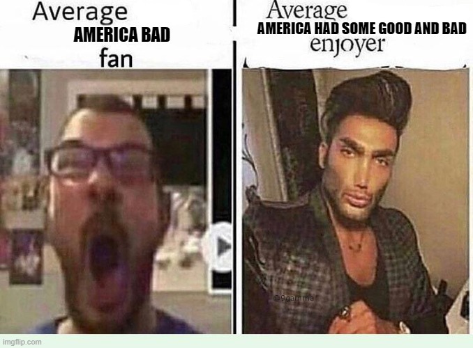 Frick those "America Bad" memes | AMERICA HAD SOME GOOD AND BAD; AMERICA BAD | image tagged in average blank fan vs average blank enjoyer,america | made w/ Imgflip meme maker