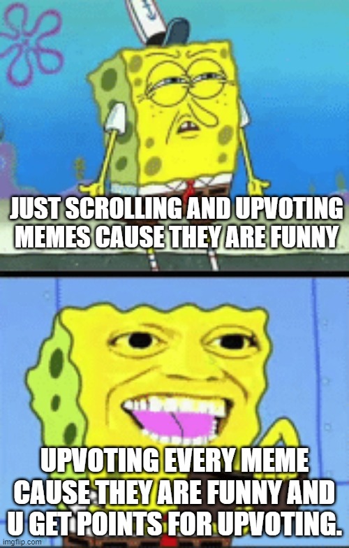 Spongebob money | JUST SCROLLING AND UPVOTING MEMES CAUSE THEY ARE FUNNY; UPVOTING EVERY MEME CAUSE THEY ARE FUNNY AND U GET POINTS FOR UPVOTING. | image tagged in spongebob money | made w/ Imgflip meme maker