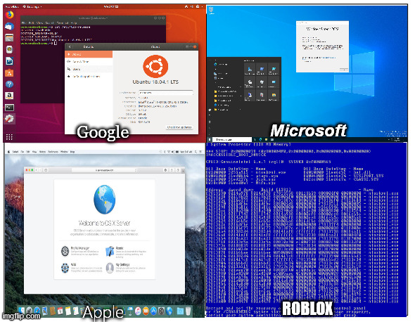 Server software be like | Google; Microsoft; Apple; ROBLOX | image tagged in 4 square grid | made w/ Imgflip meme maker