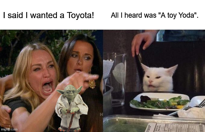 Woman Yelling At Cat | I said I wanted a Toyota! All I heard was "A toy Yoda". | image tagged in memes,woman yelling at cat | made w/ Imgflip meme maker