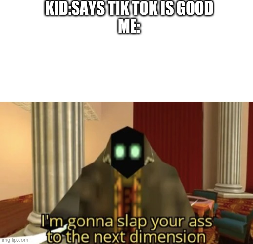 KID:SAYS TIK TOK IS GOOD
ME: | image tagged in blank white template,i'm gonna slap your ass to the next dimension,so true memes,tiktok sucks | made w/ Imgflip meme maker