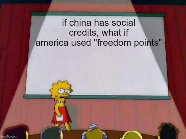 Lisa Simpson's Presentation | if china has social credits, what if america used "freedom points" | image tagged in lisa simpson's presentation,memes,social credit,china,usa | made w/ Imgflip meme maker