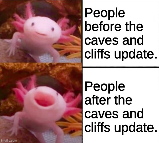 Caves and cliffs update with people | People before the caves and cliffs update. People after the caves and cliffs update. | image tagged in axolotl drake | made w/ Imgflip meme maker