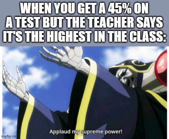 Bow down to me, students. I AM YOUR TEACHER NOW | WHEN YOU GET A 45% ON A TEST BUT THE TEACHER SAYS IT'S THE HIGHEST IN THE CLASS: | image tagged in applaud my supreme power | made w/ Imgflip meme maker