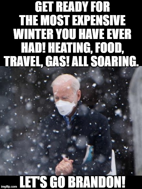 Let's Go Brandon!!!! | GET READY FOR THE MOST EXPENSIVE WINTER YOU HAVE EVER HAD! HEATING, FOOD, TRAVEL, GAS! ALL SOARING. LET'S GO BRANDON! | image tagged in stupid liberals,morons,fools,idiots | made w/ Imgflip meme maker