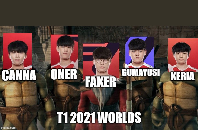 T1 Worlds 2021 | CANNA; ONER; KERIA; GUMAYUSI; FAKER; T1 2021 WORLDS | image tagged in computer games | made w/ Imgflip meme maker